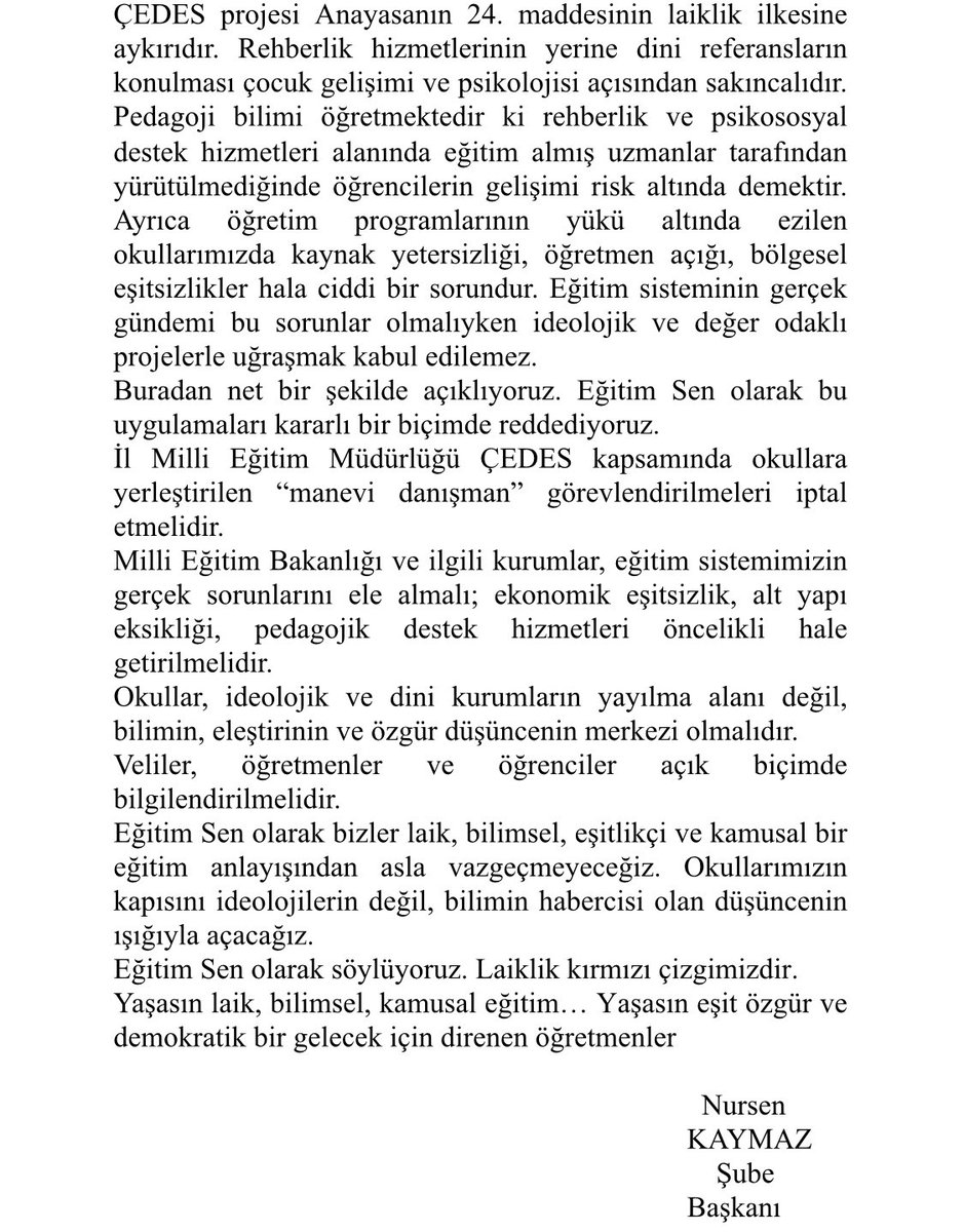 Orduegitimsen1's tweet photo. 📣 Laiklik Kırmızı Çizgimizdir, Bu Uygulamayı Derhal İptal Edin! 
 
Ordu İl Milli Eğitim Müdürlüğü ve İl Müftülüğü arasında imzalanan protokole dayanarak okullara ÇEDES projesi kapsamında 336 din görevlisinin "manevi danışman" adıyla görevlendirilmesini kabul etmiyoruz. ++ https://t.co/XRXvoNfTKC