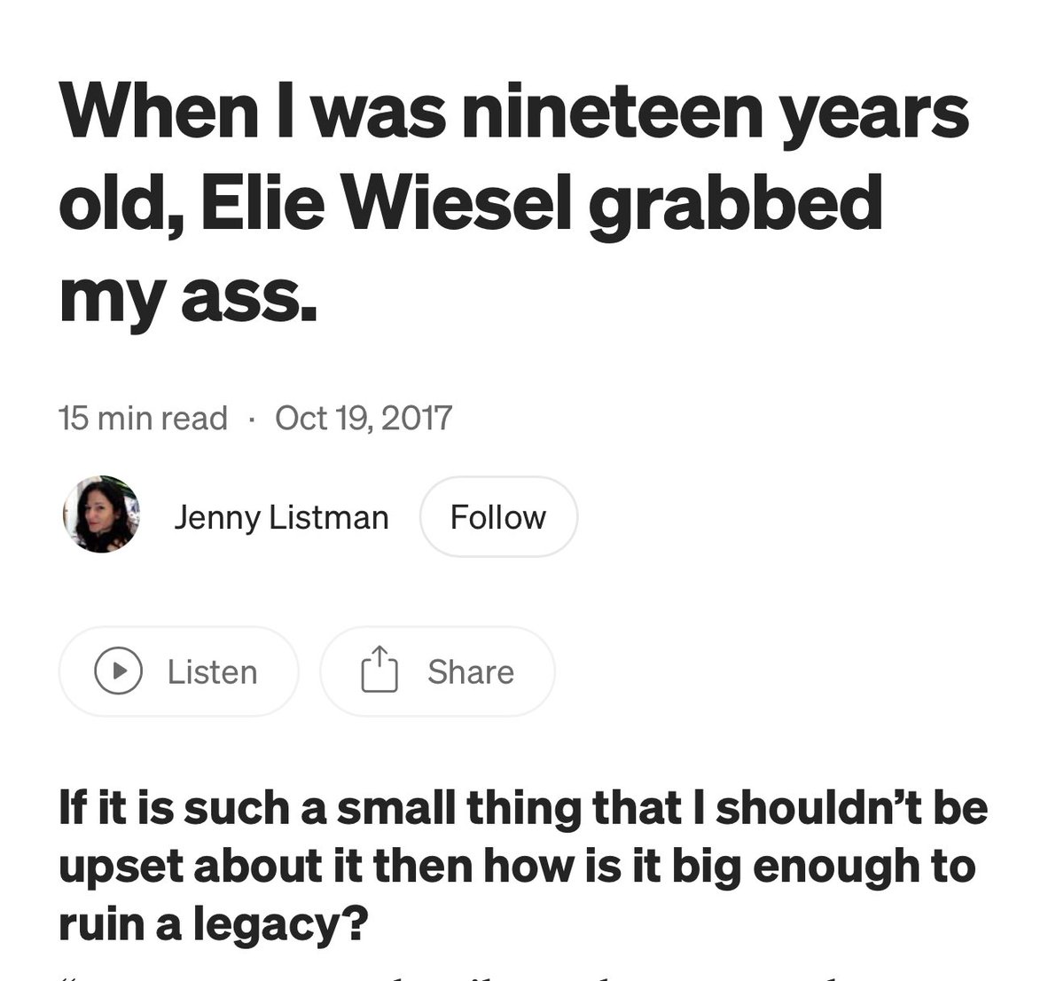 <a href="/ElishaWiesel/">Elisha Wiesel</a> Your father, Elie Wiesel, was a repugnant Zionist bigot and serial sexual harasser who accused Palestinians of ritually sacrificing their own children while palling around with fascist fanatics on Sheldon Adelson’s payroll