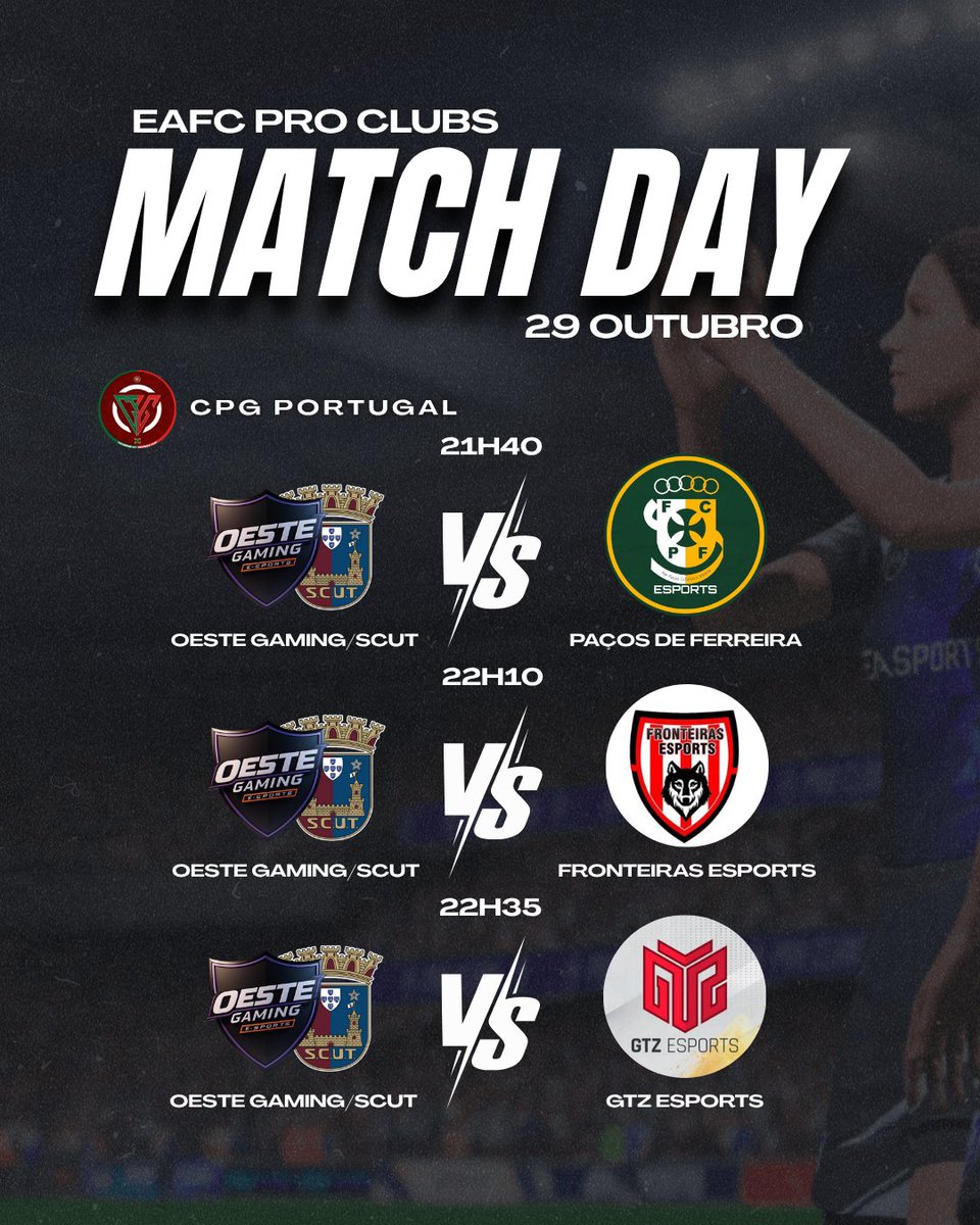 ⚽️🎮 MATCH DAY 29 de outubro

<a href="/CPG_Portugal/">CPG Portugal By Marega Cup</a> 

<a href="/FCPFeSports/">FC Paços de Ferreira ESPORTS</a> 🤝
<a href="/Fronteiras_esp/">Fronteiras Esports</a> 🤝
<a href="/GTZEsports/">GTZ Esports</a> 🤝

Born to play. Built to win.🏆