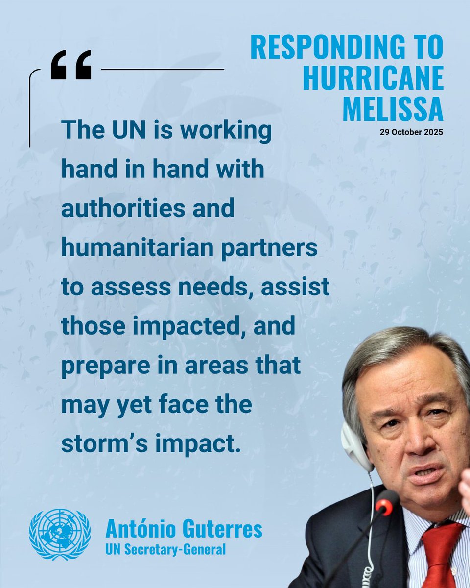 UN Secretary-General <a href="/antonioguterres/">António Guterres</a> has issued a statement via <a href="/UN_Spokesperson/">UN Spokesperson</a> offering the full support of the United Nations to countries across the #Caribbean affected by #HurricaneMelissa.

🔗 Read it here: bit.ly/4nxyBDk