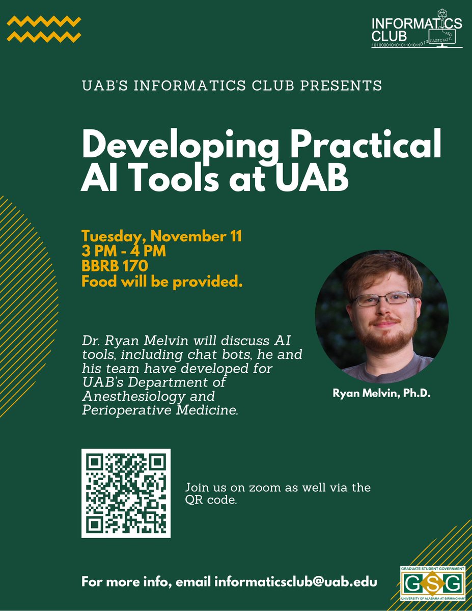 UAB_Anesthesia's tweet image. Don’t miss Dr. Ryan Melvin’s talk on cutting-edge AI tools his team created for our department!

@UABAnes_AI