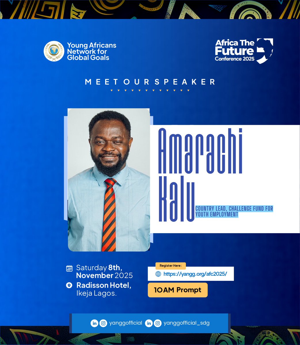 YANGG_OFFICIAL's tweet photo. We are excited to announce Amarachi Kalu. He currently serves as the Country Lead for the Challenge Fund for Youth Employment (CFYE) in Nigeria.
Get ready to be inspired by a true change architect!
Radisson Hotel Ikeja, Lagos, Nigeria
8th November, 2025
= https://t.co/xuDFR3pmSq https://t.co/fXU3cfDvaA