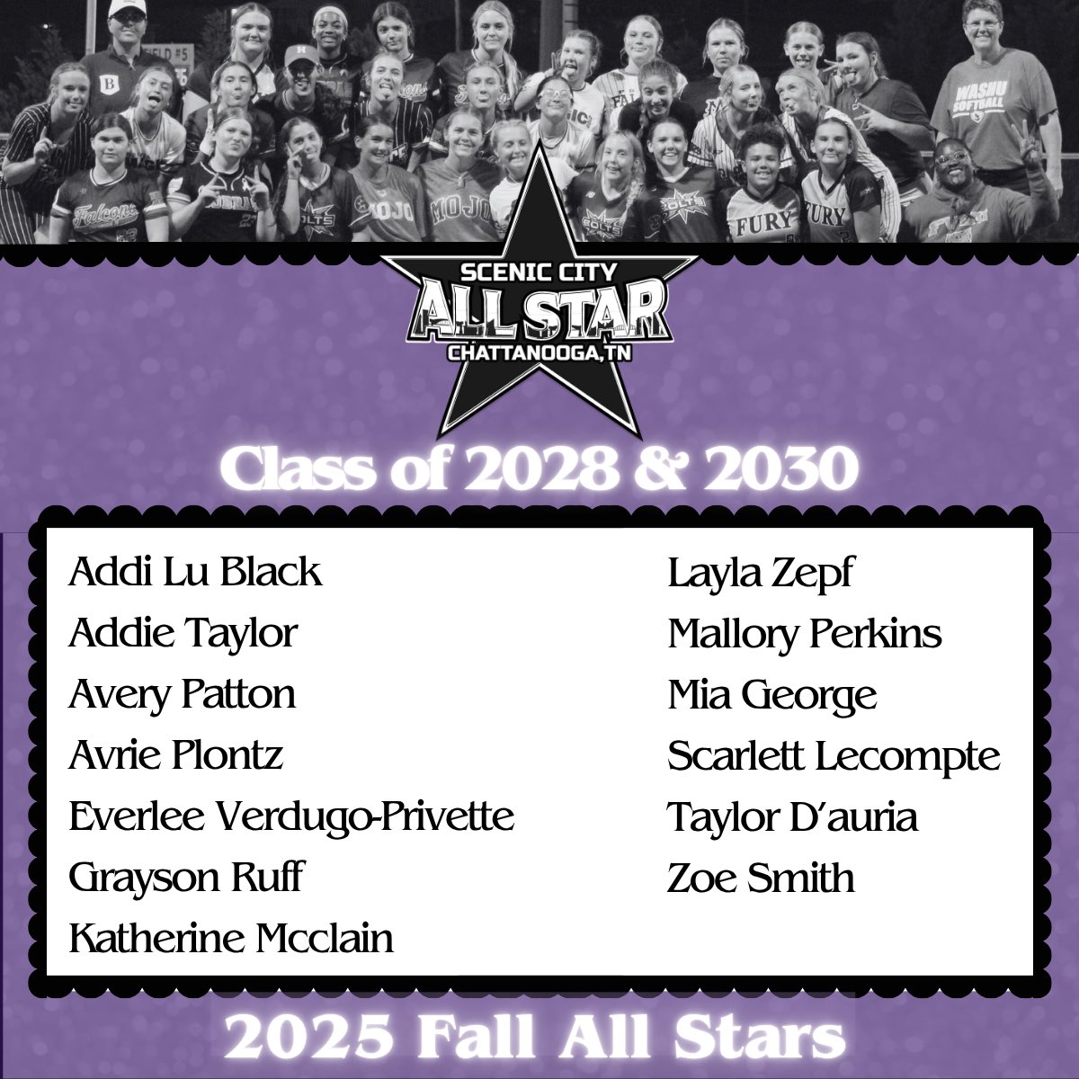 We are absolutely thrilled to welcome these amazing young ladies to the 2025 Scenic City Fall All Star Games! 🤩 Congratulations!  We can't wait to see you SHINE on the field! 🥎 

The full list is on our site if you want to checkout the competition — yes, it’s some of the top