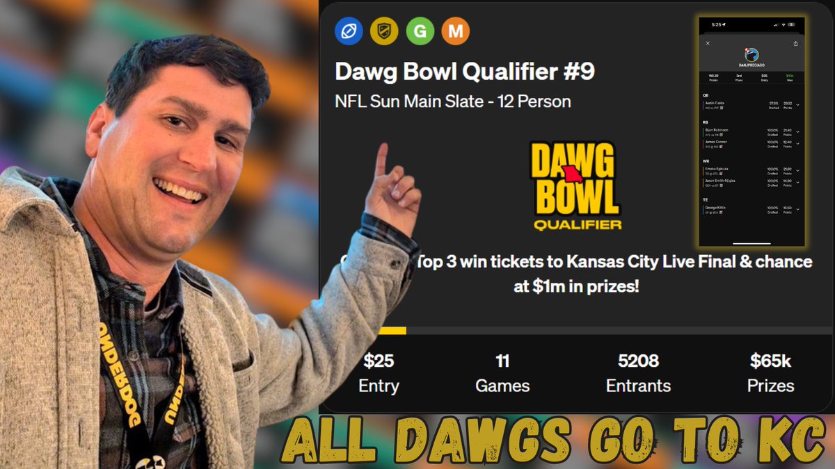 The ALL DAWGS show returns at 4 ET. <a href="/Mathology13/">Mathology</a> and I will be joined by special guest <a href="/DanJPreciado/">Daniel Preciado</a>. Dan qualified for the Dawg Bowl last year and already got a ticket for this year as well. The three of us will talk Week 9 DBQ strategy and do a couple drafts. Join us!