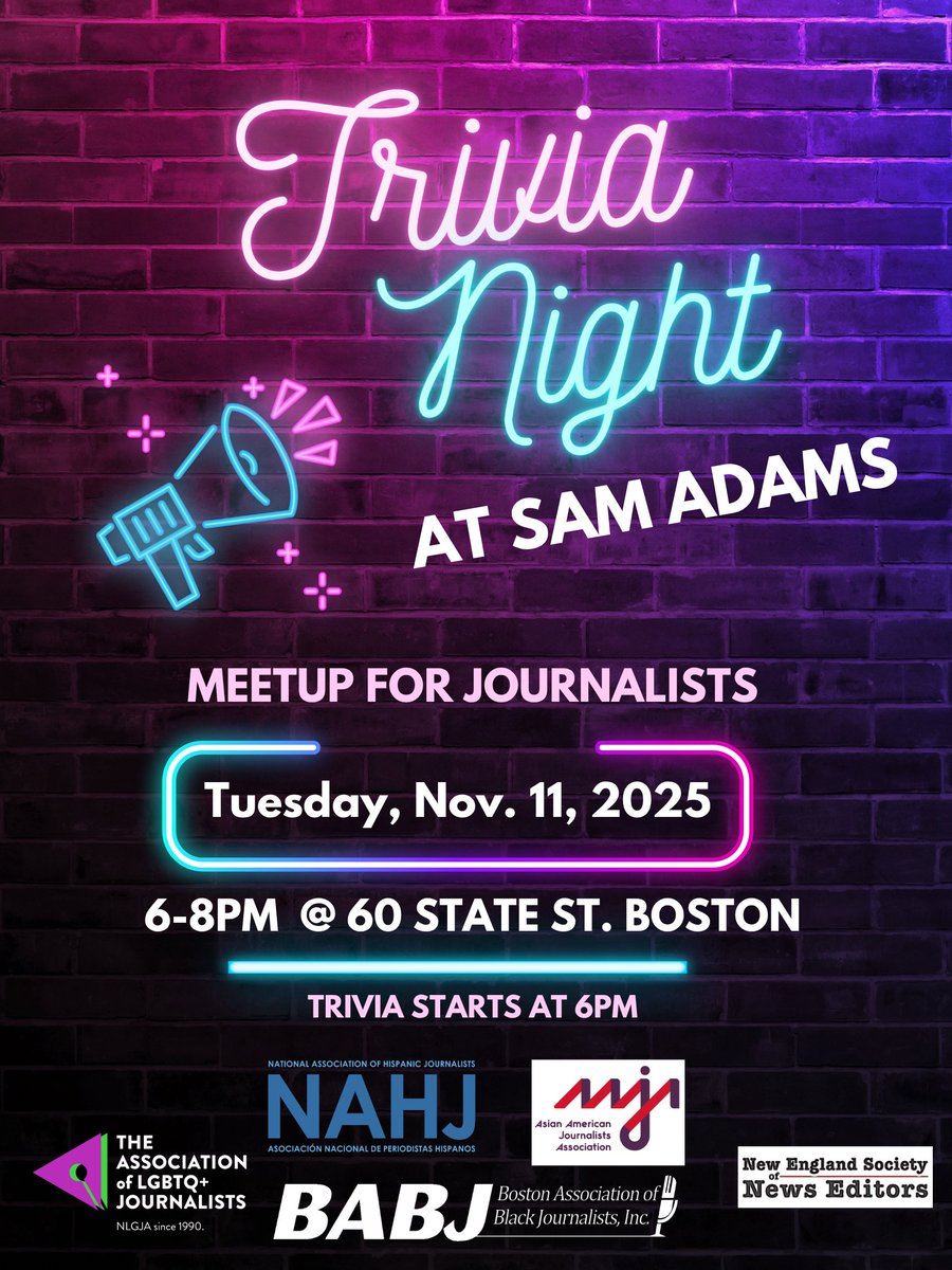 Save the date! Our next meetup for #journalists will take place at the Sam Adams taproom on Tuesday, Nov. 11. Trivia starts at 6pm!  Brought to you by <a href="/BostonNABJ/">BABJ</a>, <a href="/NLGJAboston/">NLGJA Boston 🏳️‍🌈</a>, <a href="/NAHJNewEngland/">NAHJ New England</a>,
<a href="/aajanewengland/">AAJA New England</a>, and <a href="/NESNE_news/">NESNE</a>. 🎉All #Boston area media professionals are welcome