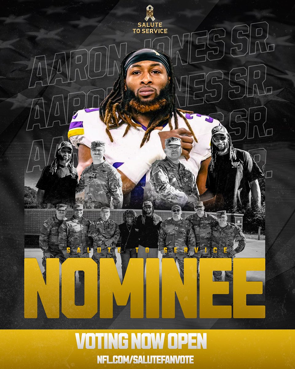 We’re proud to announce Aaron Jones as a 2025 #SaluteToService nominee 🫡🇺🇸

His commitment to honoring military families and giving back through the <a href="/AAAllTheWayFdn/">A&A All The Way Foundation</a> continues to inspire.

🗳️ Vote now DAILY through Nov 30: nfl.com/salutefanvote