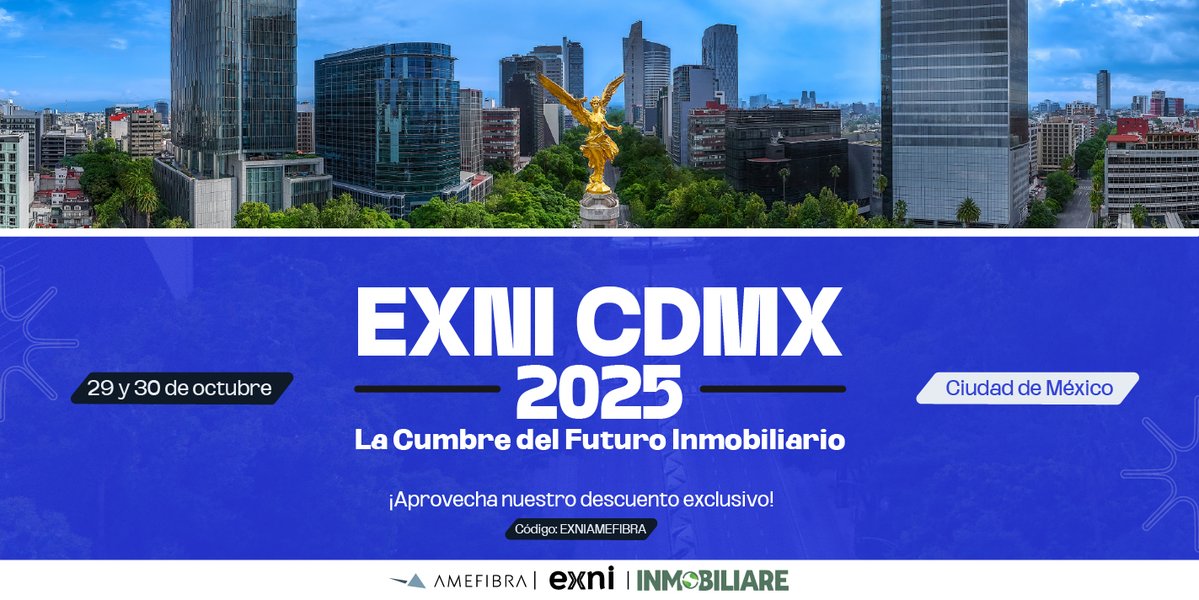 La cita clave del Real Estate en México llega EXNI CDMX 2025. 🏢
29-30 de octubre.
Usa EXNIAMEFIBRA para tu descuento exclusivo.
Regístrate: inmobiliare.com/evento/exni-cd…
#EXNI #RealEstateMéxico #AMEFIBRA #NetworkingInmobiliario