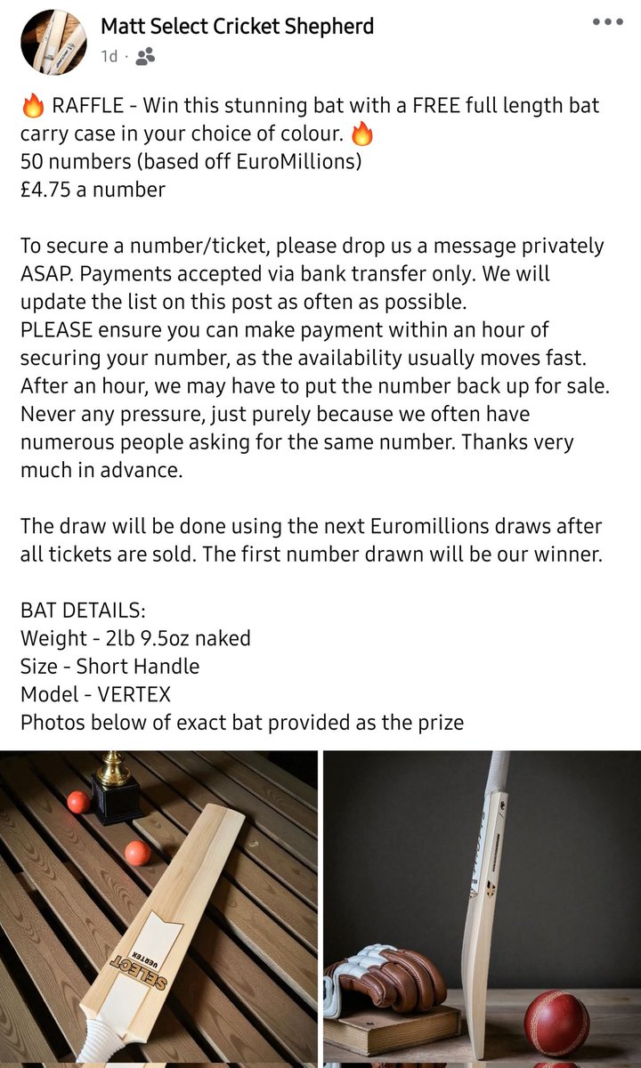 🔥 RAFFLE - Win this stunning bat with a FREE full length bat carry case in your choice of colour. 🔥
50 numbers (based off EuroMillions)
£4.75 a number

To secure a number/ticket, please drop us a message privately ASAP.
More details in the photos below. ✅️