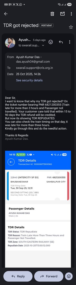 das_ayush002's tweet photo. @EastCoastRail @RailMinIndia @AshwiniVaishnaw @SwaRailIndia @IRCTCofficial @DRMKhurdaRoad As instructed from IRCTC. Mailed to swarail.support@cris.org.in
Its been 5 days I didn't got any reply from Swarail/Railone.
What a shame !!!!🫠 
Unable to return a small amount of TDR https://t.co/e8CtRlzZnk