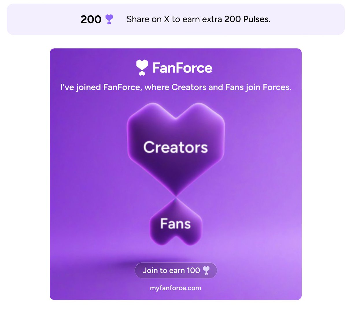 imsquid2a9's tweet image. Just started a new infofi project - @myfanforce where Creators and Fans join Forces.
Ref link: myfanforce.com/onboarding?ref…
Claim points when you sign up and share!
✅Started farming ahead of TGE!
✅✅Early members get bonus multipliers!