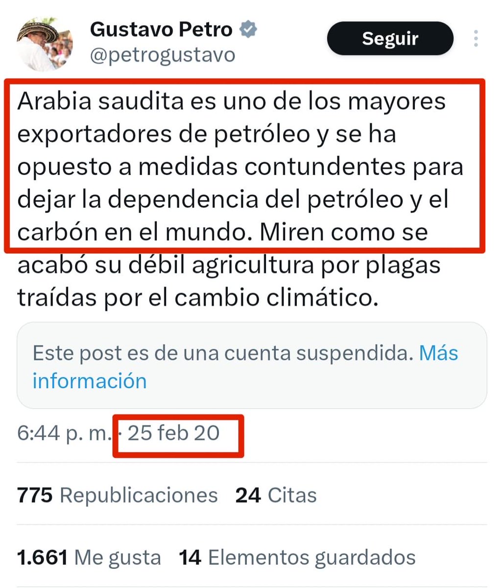 Petro dice ser el "primer presidente colombiano y/o latinoamericano que dialoga con Arabia Saudita"... 

Menos mal  que ya no le importa que "se opongan a dejar la dependencia del petróleo y carbón". 
Se traga sus propias palabras todos los días por incoherente!