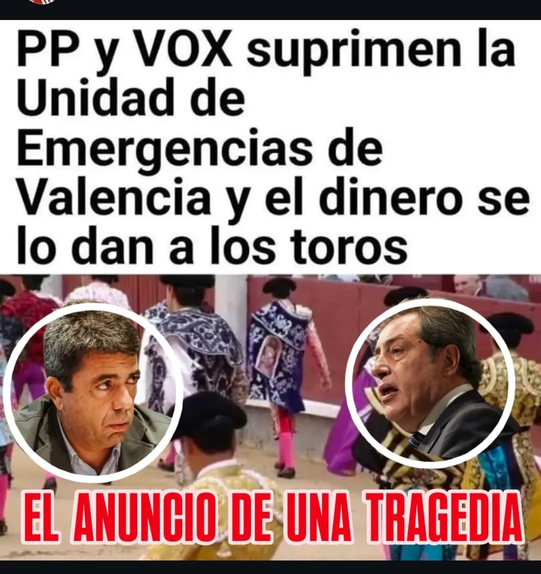 rosaveganavlc's tweet photo. La Unidad Valenciana de Emergencia, unidad para salvar vidas, desmantelada por Mazón para darle su presupuesto a la Tauromaquia.
#FeijooActuaDANA #ValenciaTeNecesita #JusticiaDANA
@rccoon_org
@vlcanimalsave
@animanaturalis https://t.co/soUH9vsVFY