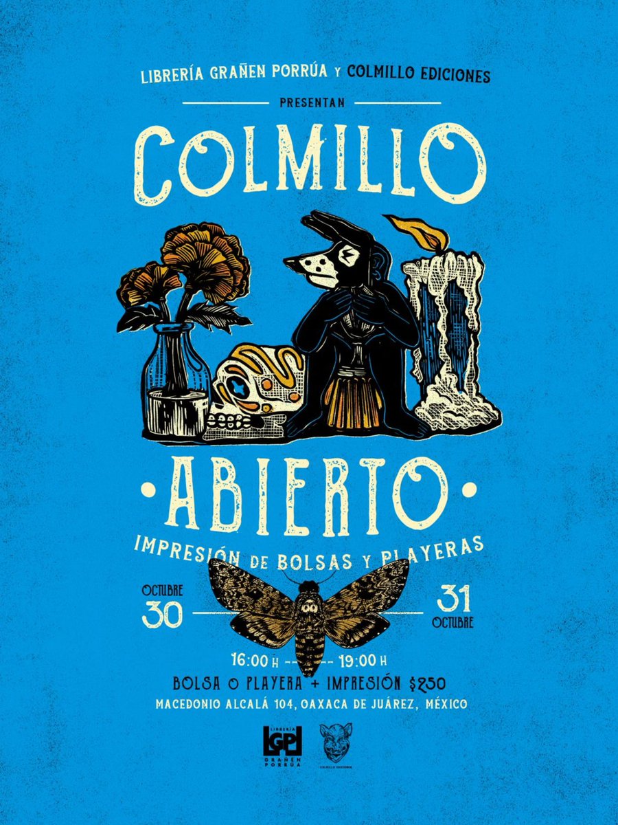 ✨ DÍAS DE GUARDAR ✨
Y compartir 💥
Este jueves 30 y viernes 31 de octubre les esperamos en su librería favorita para imprimir bolsas y playeras con obra de artistas oaxaqueños 🫰🏼

Te esperamos de 4 a 7 pm 🤍