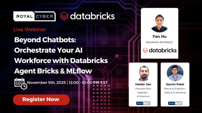 Join Fan Hu from #Databricks, along with Haider Jan &amp; Saurin Patel from #RoyalCyber, as they reveal how #Databricks Agent Bricks and #MLflow 3.0 are powering a new generation of AI workforce agents systems. RSVP: ow.ly/nYfe50XhHyZ