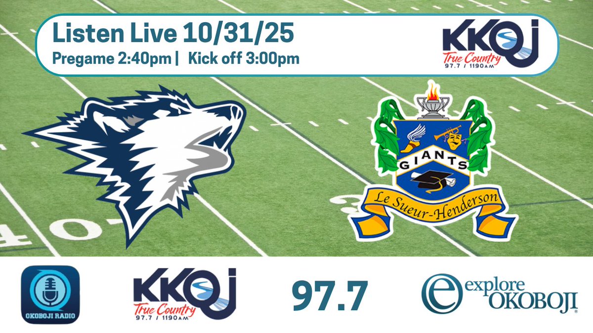 The Jackson County Central football team is playing for a fourth straight section title on Friday against LeSueur-Henderson!

Kempson Cross and Tim Stai have the coverage from SMSU in Marshall on KKOJ Radio!
📻 97.7 FM + 1190 AM
💻 kkoj.com/listen/
📲 Okoboji Radio app