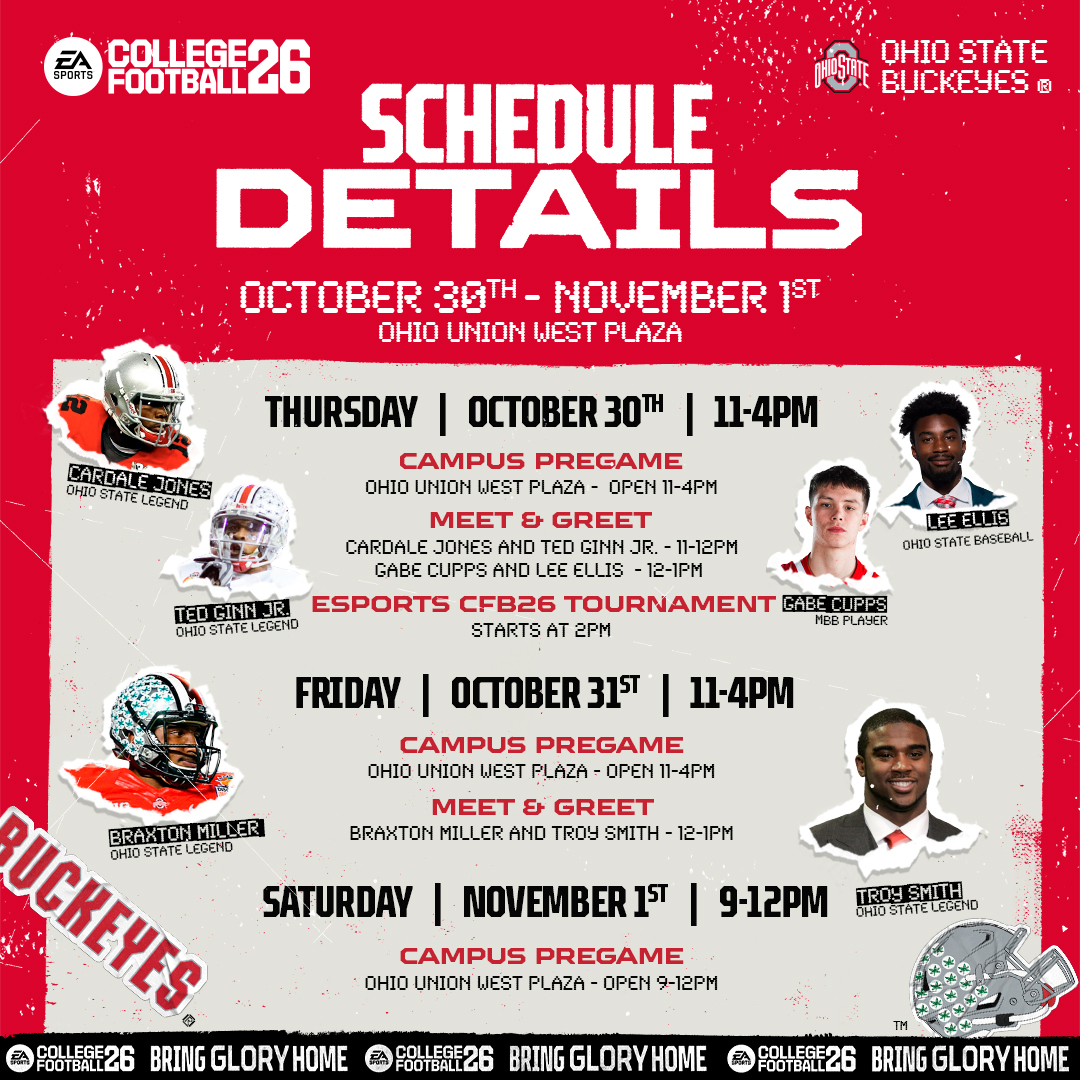EASPORTSCollege's tweet photo. This Thursday. #CFB26 is landing in Columbus!

✅ CFB26 campus tournament
✅ Athlete Meet &amp; Greet
✅ Will Howard vs. Eli Mack H2H live stream
✅ Consoles + merch + more giveaways!

Read here for more details ➡️ https://t.co/Q1uIQgfZAl https://t.co/KAf1eE8f3V