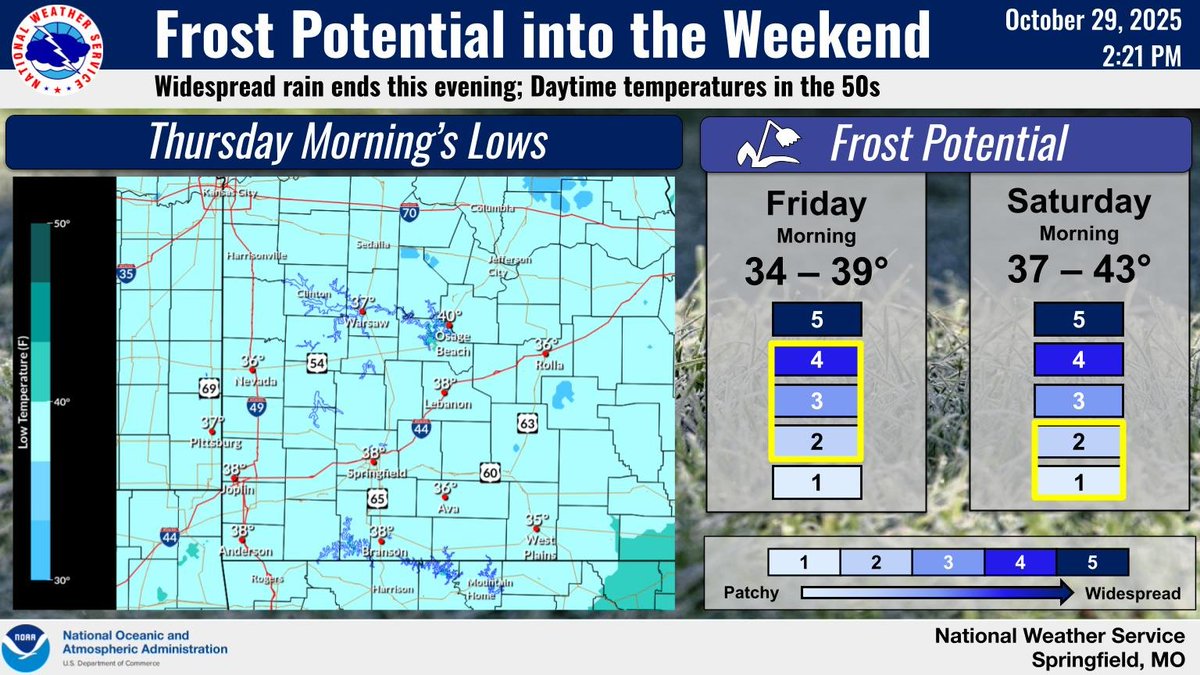 Temperatures will drop into the 30s each night from tonight through Saturday night with differing frost potentials. Clouds and wind may keep frost to more patchy tonight, but will become more widespread Thursday night into Friday morning. #mowx #kswx