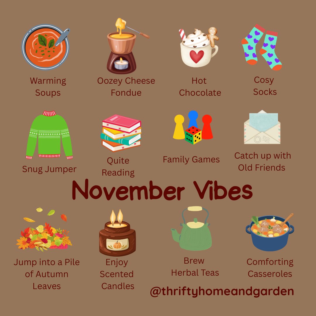 thriftyhomegrdn's tweet photo. November Vibes 🍂
https://t.co/IGlvUrDXf2
#novembervibes #snugjumpers #cozysocks #autumnleaves #scentedcandles #comfortingcasseroles #brewtea #cheesefondue #cosysocks #hotchocolate #warmingsoup https://t.co/uMRthsKw5u