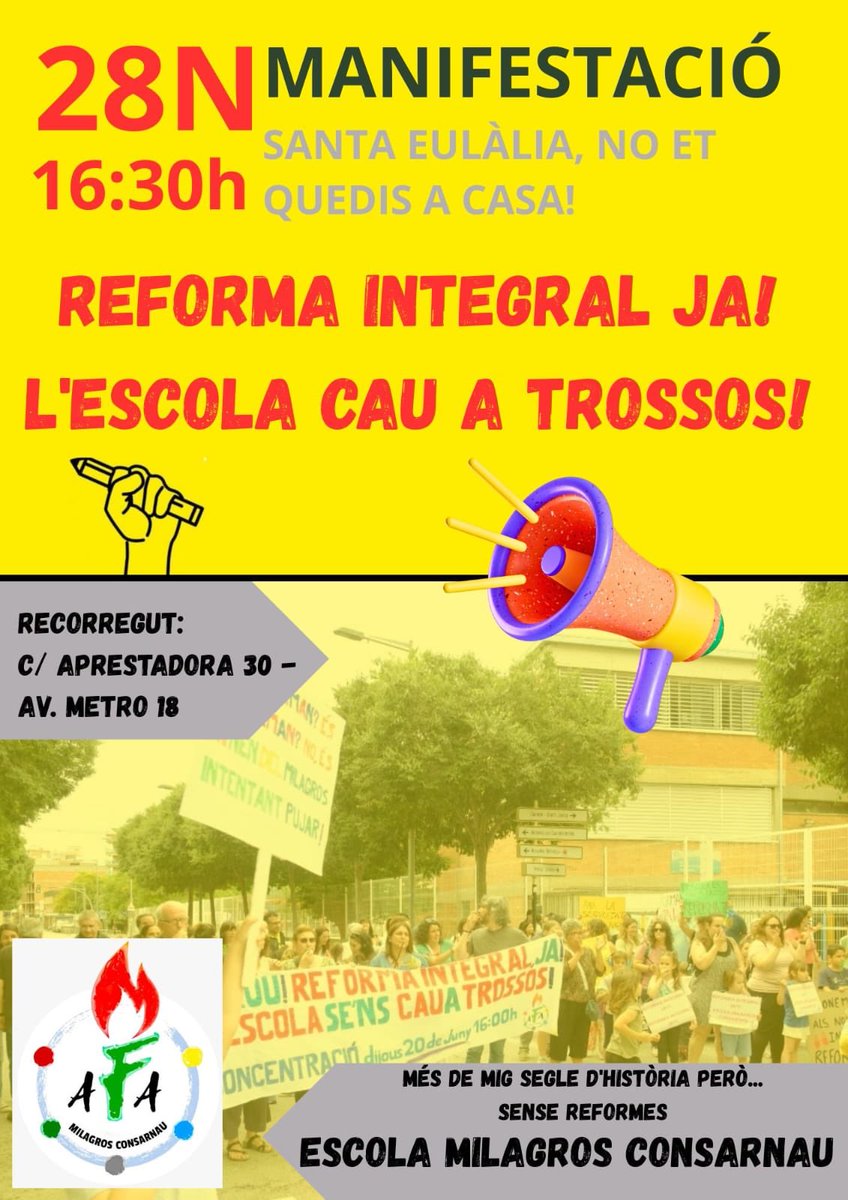 El proper #28N sortim al carrer per reclamar la reforma integral que fa anys que esperem: REFORMA INTEGRAL JA! L’ESCOLA CAU TROSSOS.

T’hi esperem  a l’entrada d’Aprestadora a les 16:30! 

Lluitem plegats per una escola segura!