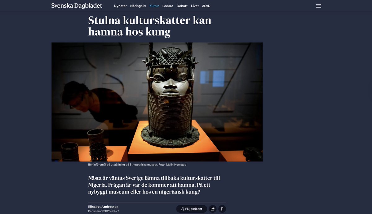 Maybe Sweden too “stole” from Ife? 🤔
Even in 2025, European papers still write about Benin art with colonial suspicion, “may end up with a king.”

When Britain keeps stolen crowns, it’s heritage. When Benin reclaims hers, it’s a “risk.”
The hypocrisy screams.

#BeninBronzes