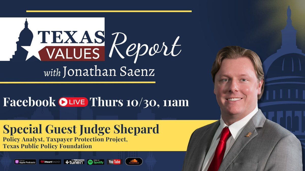 txvalues's tweet image. Join us on #TexasValuesReport Thursday, October 30th at 11:00am CT with special guest @JudgeShepardTX Policy Analyst, Taxpayer Protection Project, @TPPF, &amp;amp; host @JonathanSaenzTX, President &amp;amp; Attorney for Texas Values as they discuss the Constitutional Amendments on the ballot.…