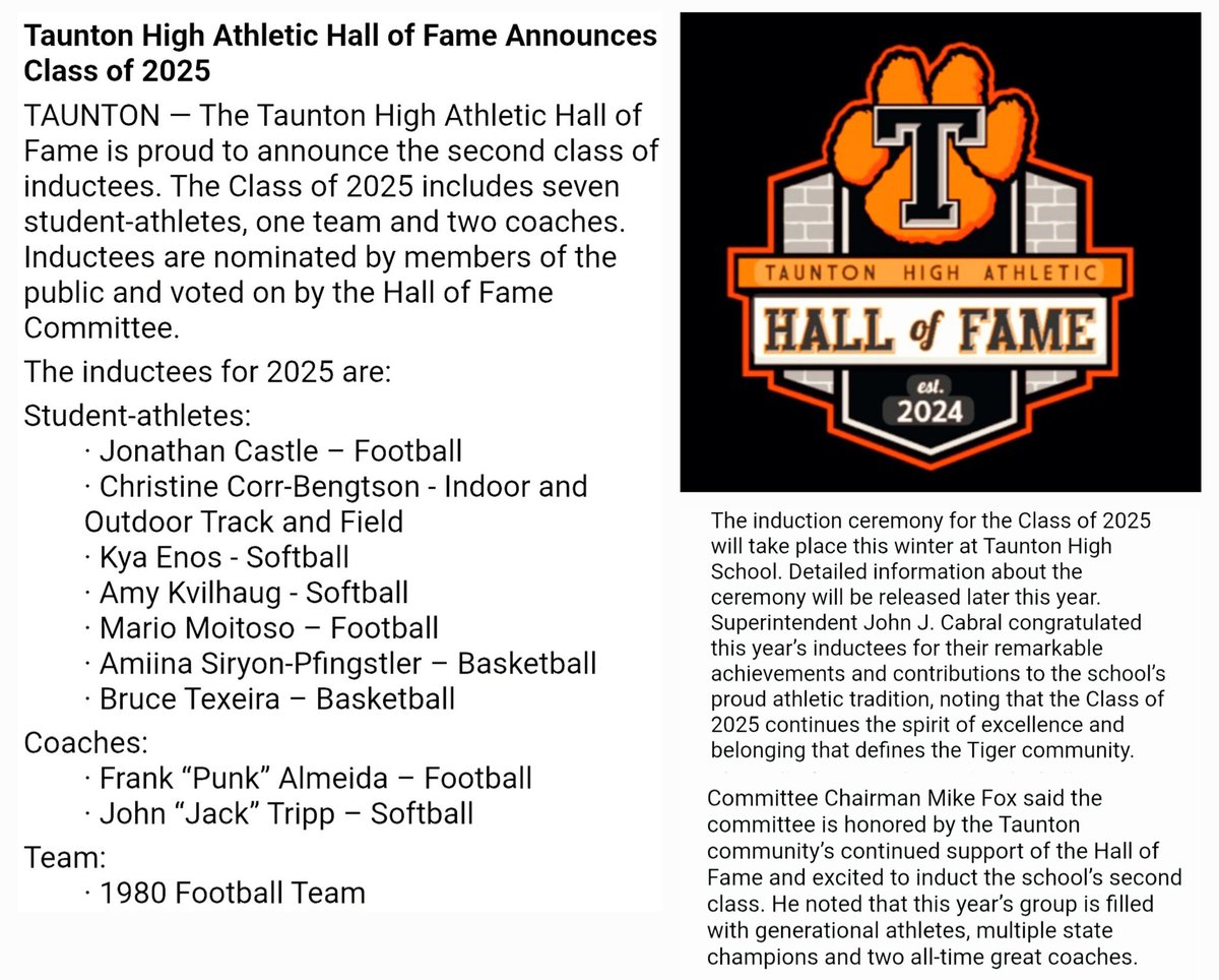 THSCoachFox's tweet image. It is DONE &amp;amp; it is OFFICIAL!! The @tauntonhighHOF has released the Class of 2025 inductees. The 🚪🚪 have swung open as we welcome home these ALL-TIME 🐯 greats!! @Taunton_Schools @thstvstudio @TauntonHS @CamMerritt_News @ThsWebmaster @tauntonsoftball @WBNewsFacts @HeyCoach224