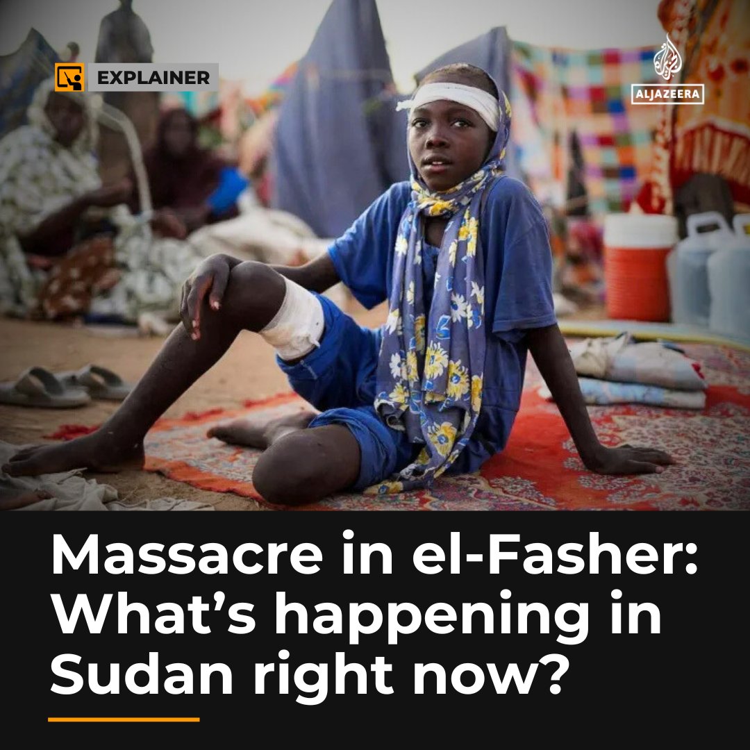 AJEnglish's tweet photo. Thousands of people are feared to have been murdered in the western Sudanese city of el-Fasher, since the Rapid Support Forces (RSF) paramilitary group seized it.

Here’s what we know about the reported massacres https://t.co/2Ti7uLGWIl https://t.co/xIc1xVge0i
