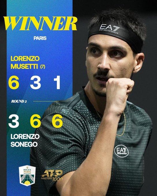 Graphic with yellow winner text at top and blue Paris text below. Portrait of Lorenzo Musetti wearing black headband on left side. Portrait of Lorenzo Sonego wearing green shirt and black headband posing with fist on right side. Scores 6-3 3-6 6-1 listed vertically. Round 2 text at bottom. Rolex Paris Masters and ATP Tour 1000 logos at base.
