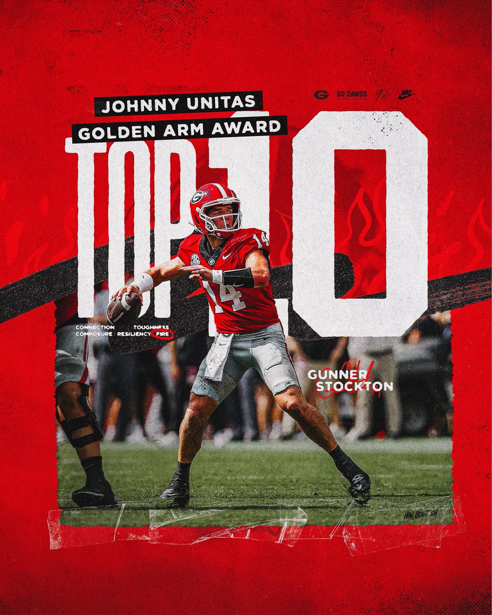 Gunner Stockton has been named to the Johnny Unitas <a href="/GoldenArmAward/">Golden Arm Award</a> Top 10 💪

#GoDawgs