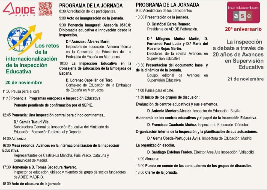 LA INSPECCIÓN A DEBATE. 20 AÑOS DE ASE
Madrid, 21.11.2025

Grupos de discusión

EVALUACIÓN DE CENTROS | Antonio Montero Alcaide

AUTONOMÍA CENTROS E INSPECCIÓN  | Francisco Cuadrado

ORG. DE LA INSP. Y ACTUAC. | Gema Úbeda-Portugués

ORG. ESCOLAR | Santiago Esteban Frades
