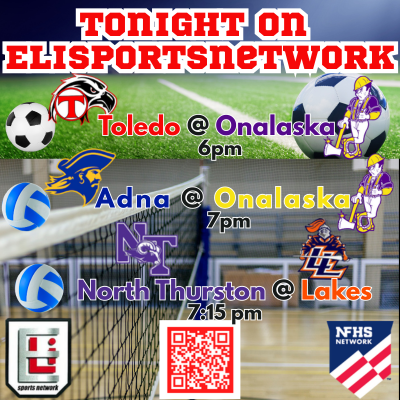 YourESN's tweet photo. Tonight we have two Volleyball matches and a Soccer match. @ToledoGirls travels to @logger_soccer. @AdnaVolleyball travels to @ony_volleyball. A 3A Volleyball showdown @thurston_hs heads to @LakesLancers. Watch it all live or ondemand with an NFHS Subscription follow the QR code https://t.co/2p5hlwaJUl