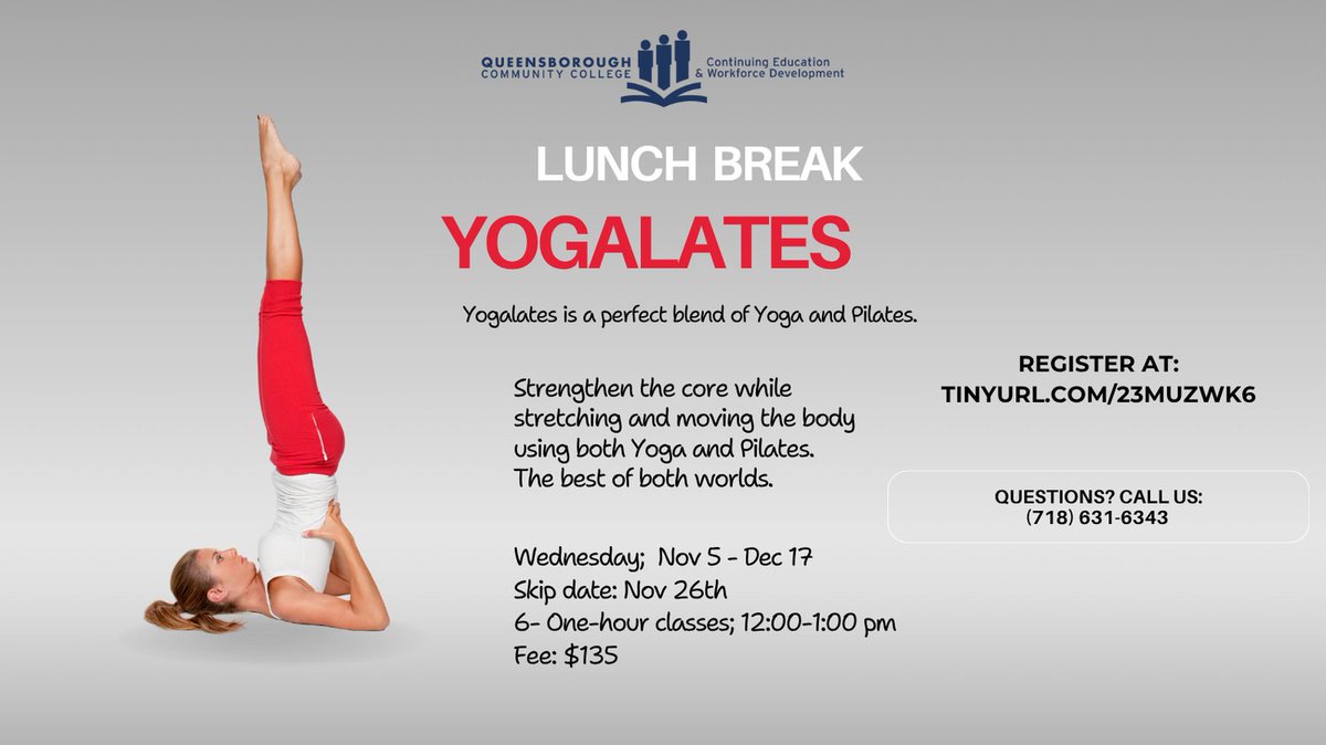 QCC_CE's tweet photo. Yogalates: The Best of Both Worlds Starts Soon. Register at: https://t.co/QJ8GNkDbEK https://t.co/5v2ZKeYY3m