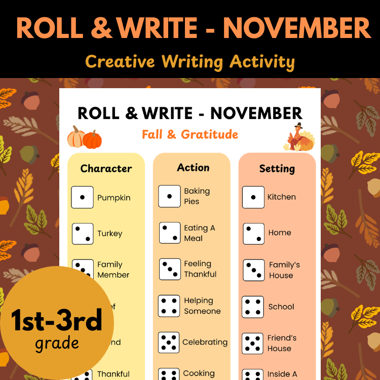 teachingwithtay's tweet photo. 🦃 Encourage thankful thinking this November!

Students roll the dice to create stories about friendship, family, and fall adventures. 🍁

A no-prep, print-and-go writing activity perfect for grades 1–3 during the season of gratitude! ✏️

Grab it here ⬇️
https://t.co/tovjADa3nM https://t.co/nhY8lRAs1o