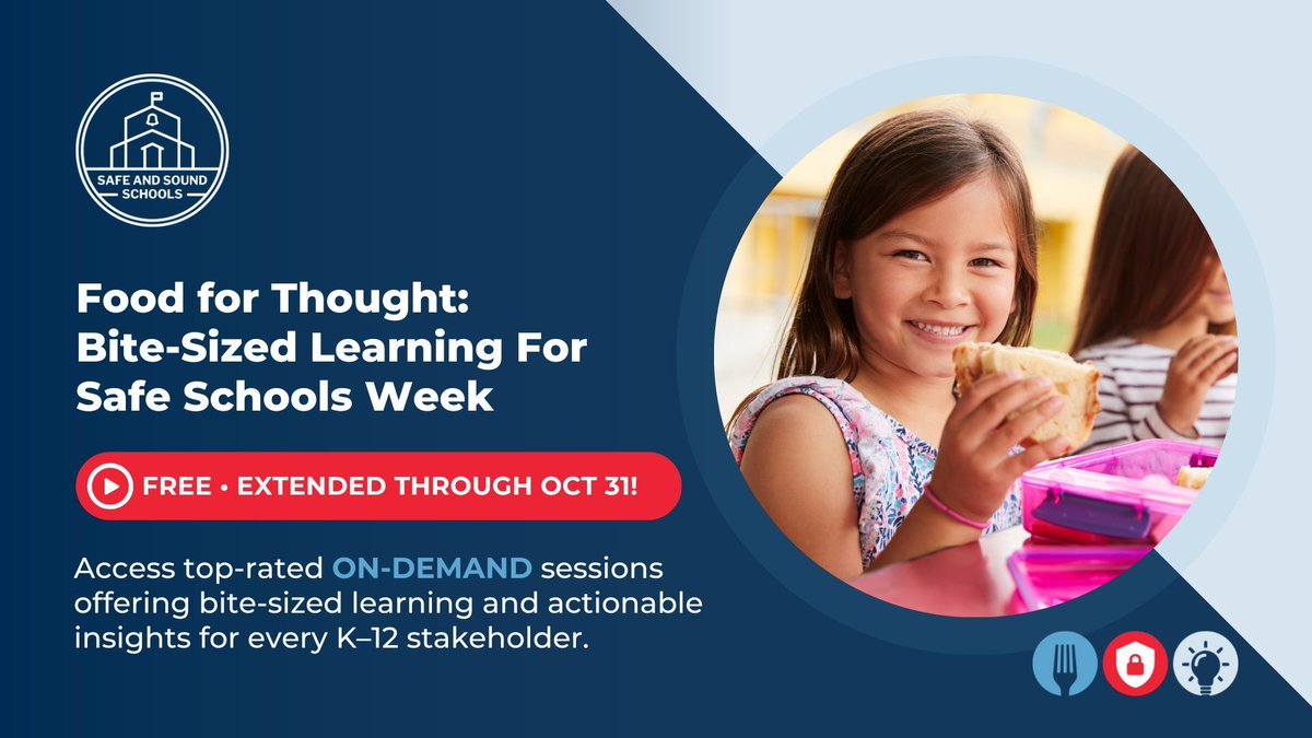 Last Chance! Access to Our "Food for Thought" Virtual Mini-Summit Closes October 31

FREE registration is available for on-demand sessions covering safety planning, bullying prevention, crisis communications, threat assessment, and more.

Register today: bit.ly/4nVT7P5