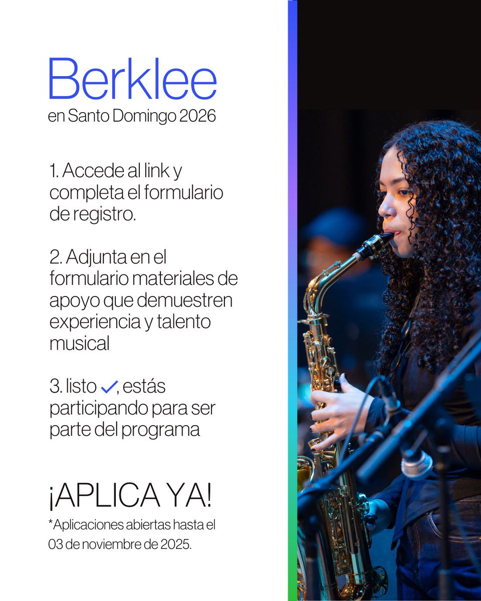 🎵 ¿Sueñas con estudiar música y vivir de lo que amas? Berklee en Santo Domingo es tu puerta de entrada a una experiencia de aprendizaje única, junto a profesores de una de las escuelas más prestigiosas del mundo.
📅 Aplicaciones hasta noviembre 3, 2025.
💬berklee.edu/berkleeonthero…