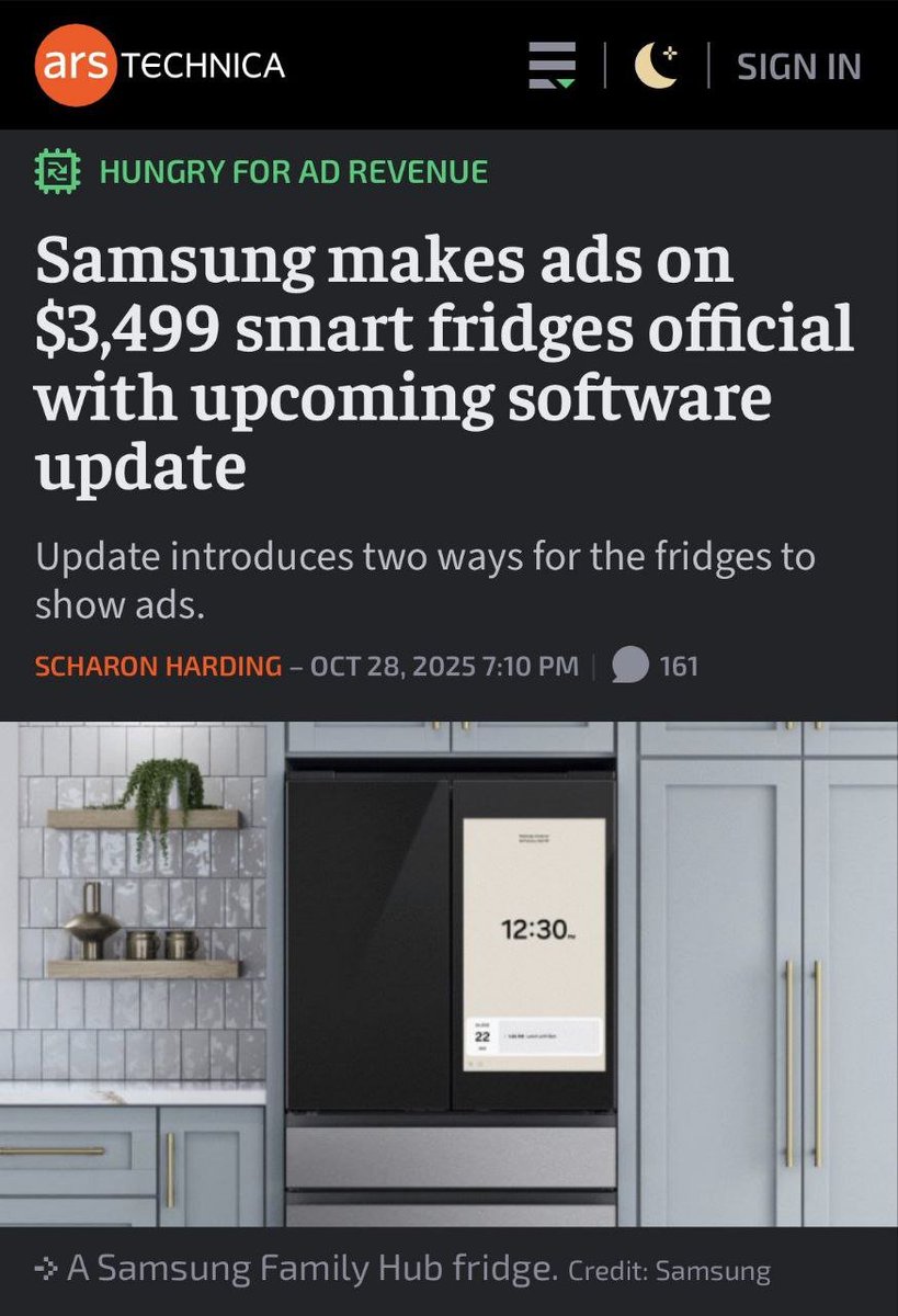 Solix_Trade's tweet image. Samsung is turning your $3,500 smart fridge into a billboard. 🧊 Ads will appear as a rectangular block at the bottom of the screen, changing every 10 seconds. Who’s ready to have commercials next to their milk? 😏

#Samsung #SmartFridge #TechNews #AdTech #Innovation #DigitalAds…