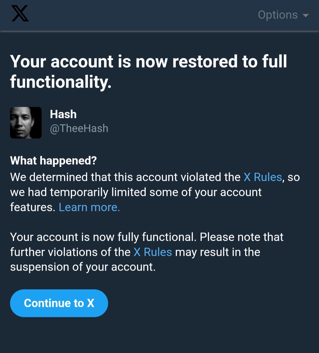TheeHash's tweet photo. Seems I finally have Elon Musk's and @x approval, new account fully restored after just being blocked. Let the fun begin ✨️
#blocked #TemporaryBan #XAccountBlock #AccountReinstated https://t.co/QFu91G7IpV