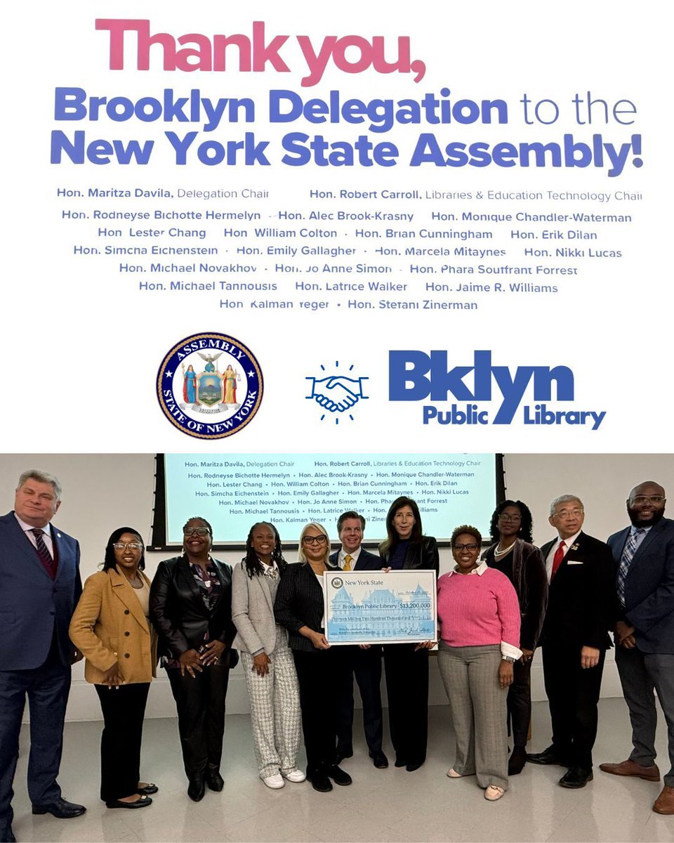 DavilaAssembly's tweet image. Proud to join my colleagues in presenting a $13.2M check to the Brooklyn Public Library!
As Chair Delegate for the NYS Assembly, I’m thrilled to support upgrades that keep our libraries free, safe &amp;amp; strong for all Brooklynites. 📚💙
#BrooklynPublicLibrary #CommunitySupport