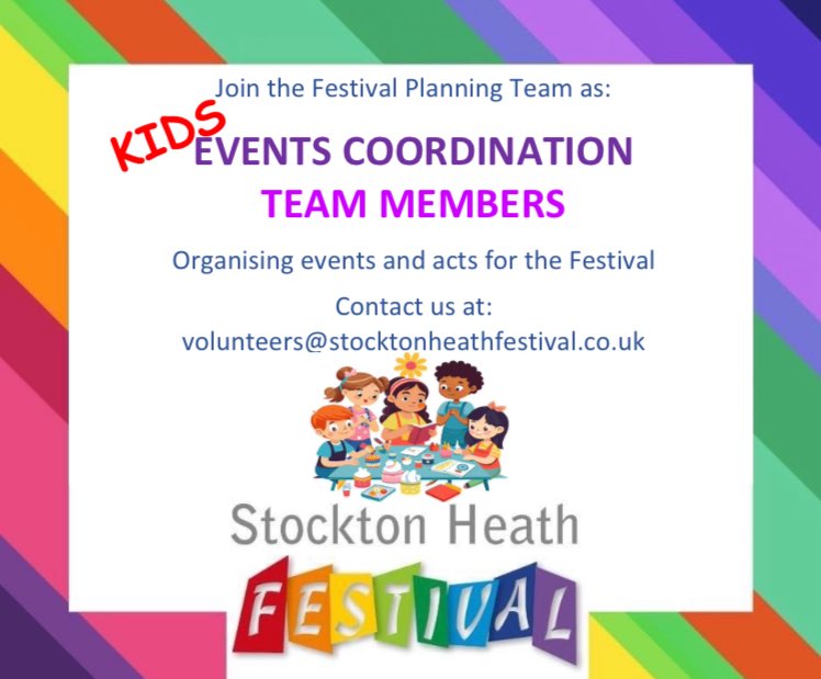 Experienced in working with children &amp; young people &amp; ideally DBS certificated?Community minded &amp; ready to give something back? If so the #SHFestival is interested in hearing from you - We’re looking for Kids Events Coordination Team Members
volunteers@stocktonheathfestival.co.uk