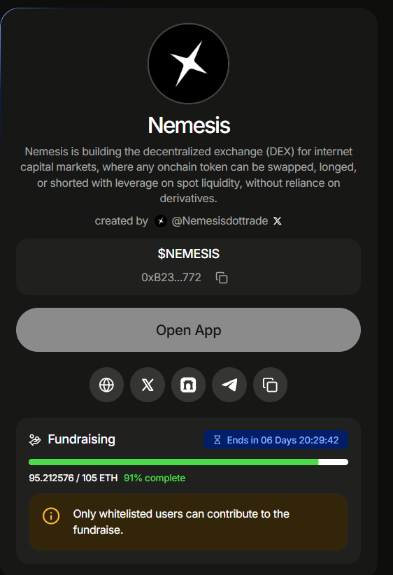 Şuan $NEMESIS public sale'in %91'i tamamlandı. WL fazının bitmesine 50dk kaldı. Eğer bitmezse almayı deneyeceğim. Şuan <a href="/districtxyz/">District</a>'te yazan kontrat adresi DEX'te görünüyor. MC $3M civarlarında. FCFS'den almayı başaran beleş 8x alacak gibi. 

Grafiğe alttaki linkten