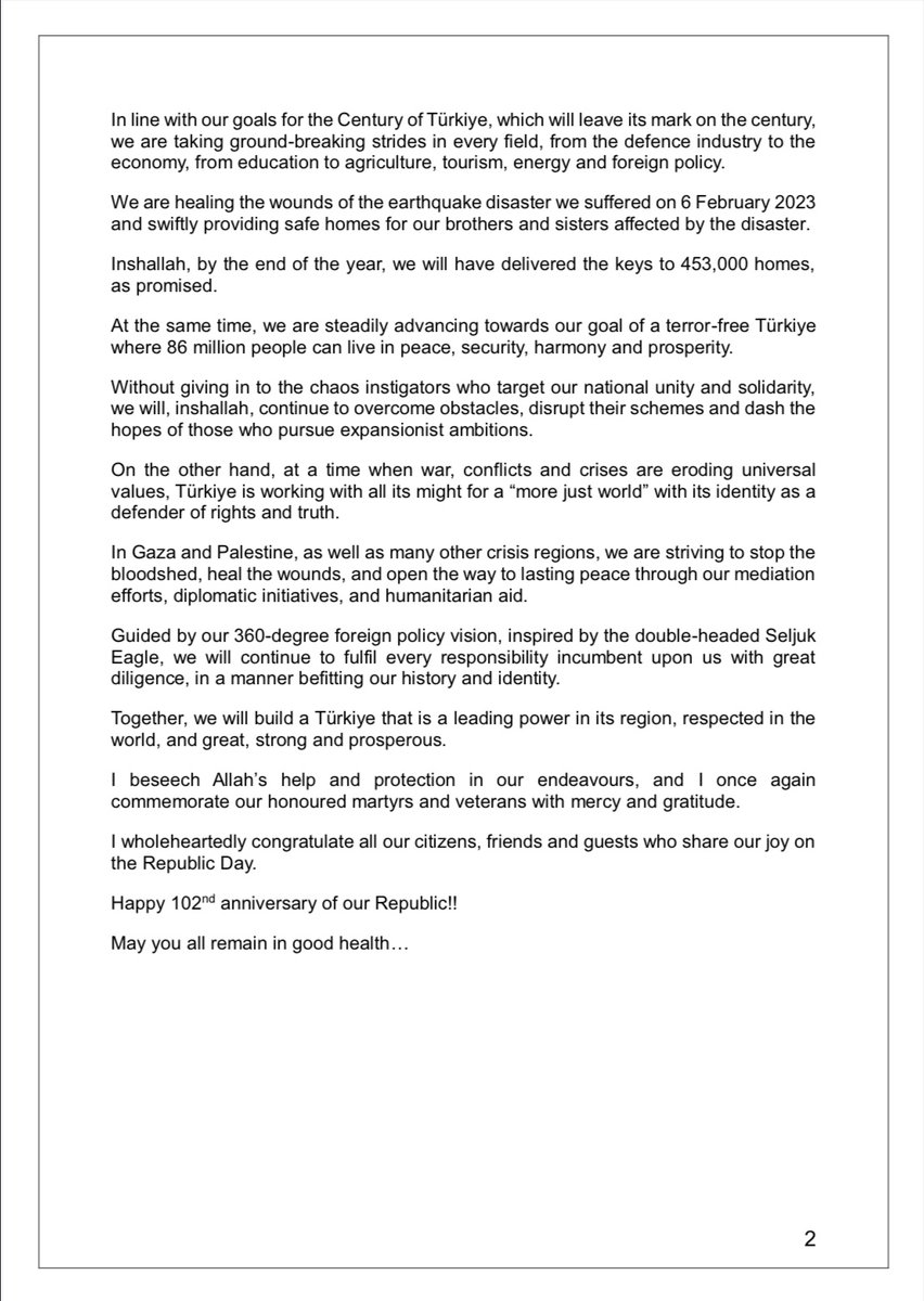 The message of President Erdoğan on the occasion of the Republic Day 🇹🇷