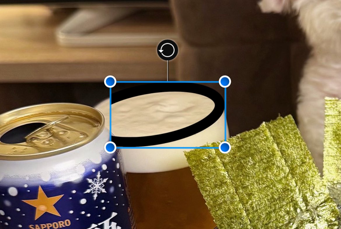 GoZrVRbSOh34562's tweet image. 缶ビールで取った楕円→グラスの楕円、ご飯の楕円と相似

ラーメンの丼で取った楕円→妖精さんのおやつのお皿と相似

明らかに写ってる角度が違う
異なる大きさ、位置、高さの場所の5個の円で、綺麗に二つに分かれるって、そういうことよね