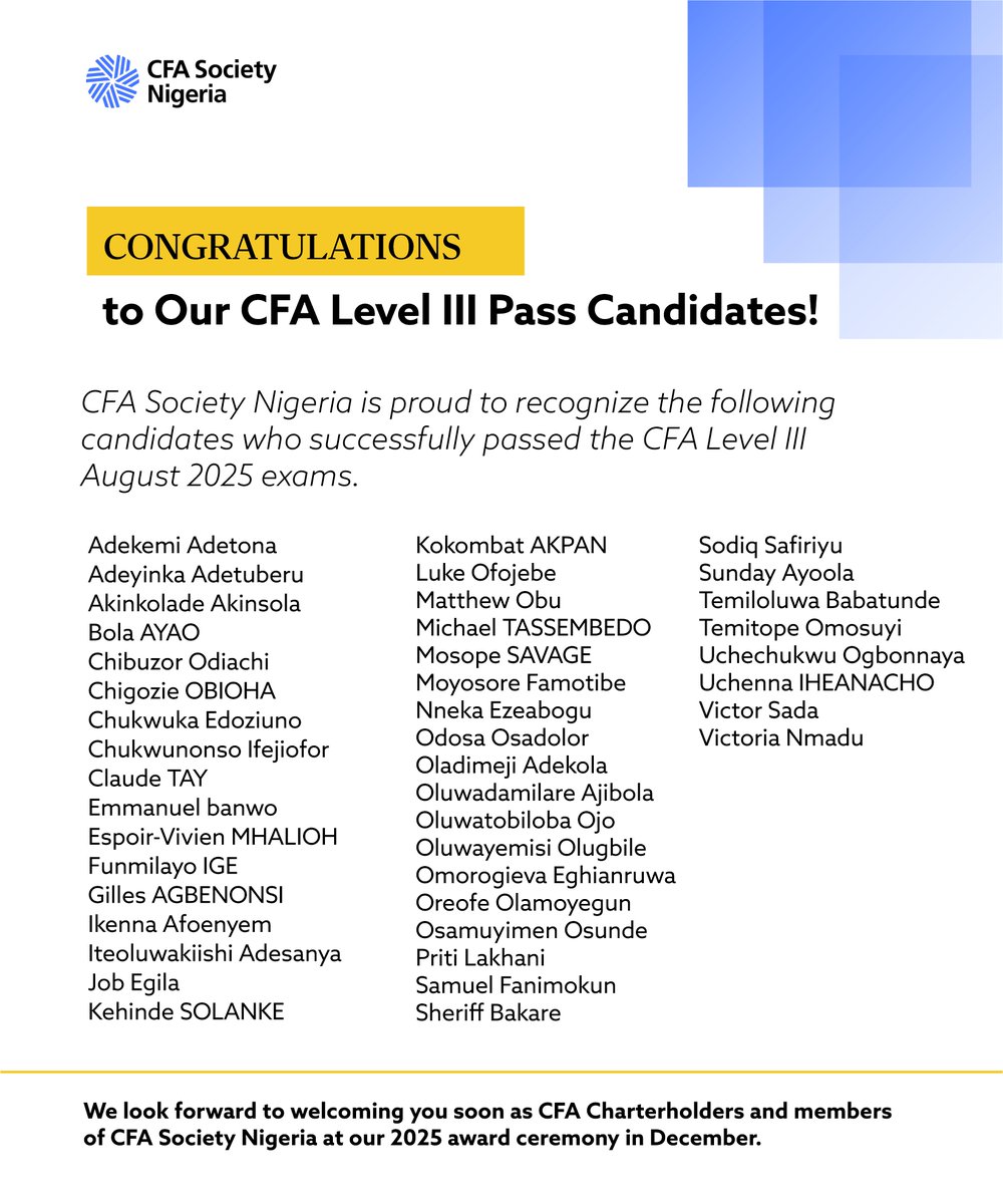 Big congratulations to all our CFA Level III pass candidates! This is a huge accomplishment that deserves every celebration. We are incredibly proud of you and look forward to officially welcoming you as Charterholders at our 2025 Award Ceremony in December.