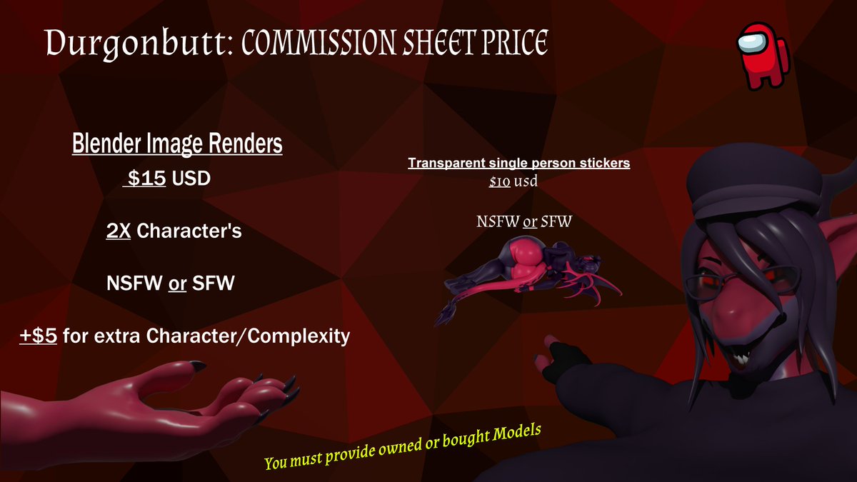 durgonbutt's tweet photo. Opening Blender Render COMMS! I have no limit on slots right at this moment! Please DM for any info. https://t.co/SI7AD0Eq7b