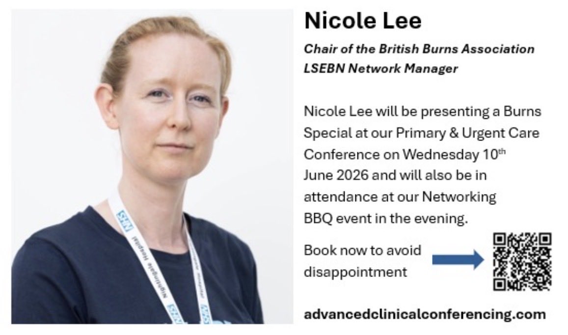 acconferencing's tweet photo. At the centre of our next Primary &amp; Urgent Care conference will be our Burns special, presented by Nicole Lee. We have allocated 1 hour 30 minutes for this segment following feedback from delegates who attended our last event.

Book now - https://t.co/DMYCOabQES 
#urgentcare https://t.co/BJ7XNDYoRZ