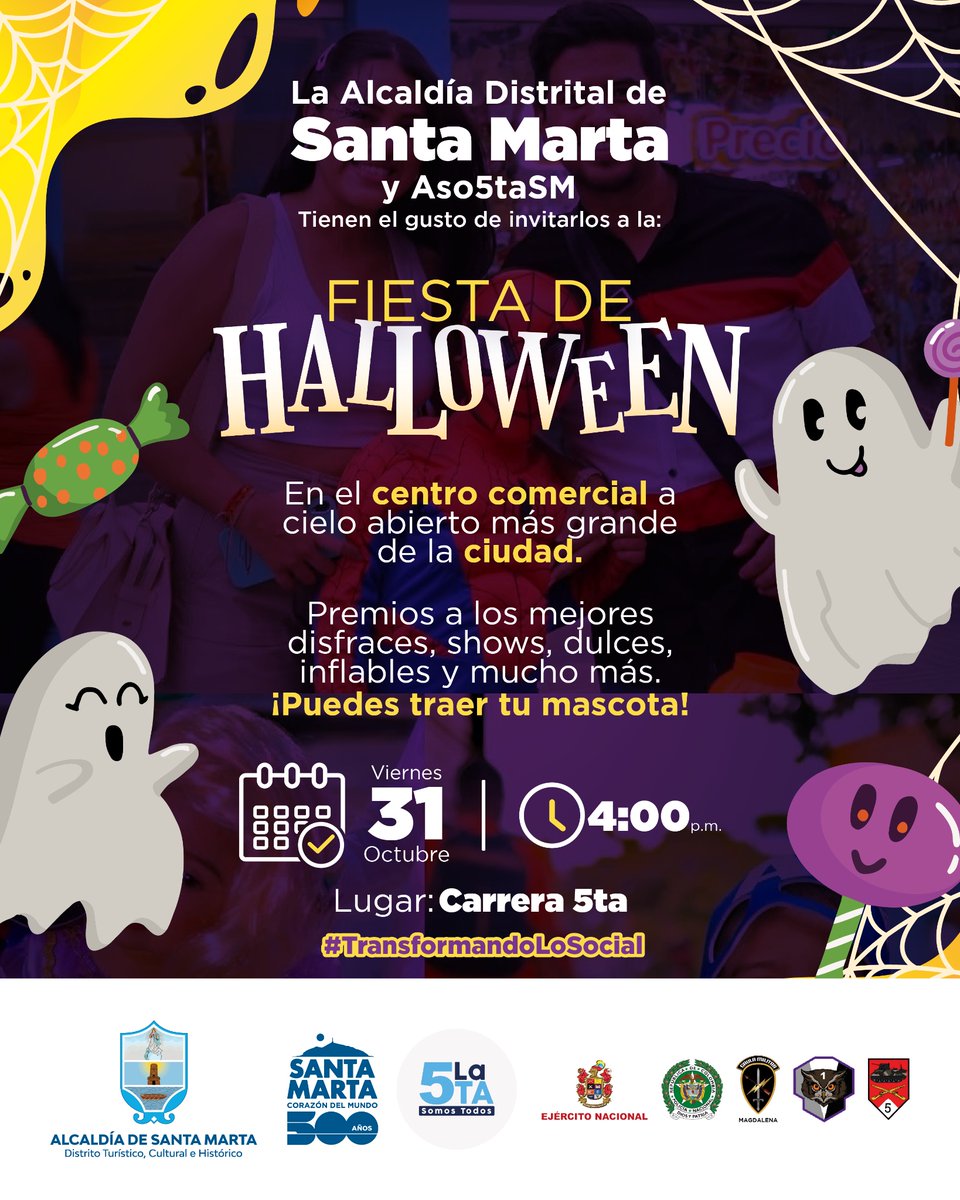 La Alcaldía Distrital de Santa Marta y la Asociación de Empresarios de la Carrera 5ta, te invitan a disfrutar una tarde llena de diversión.

🗓️ Viernes 31 de octubre 
🕓 4:00 p. m.
📍 Lugar: Carrera 5ta - (Avenida Campo Serrano)

¡No te pierdas esta gran celebración!