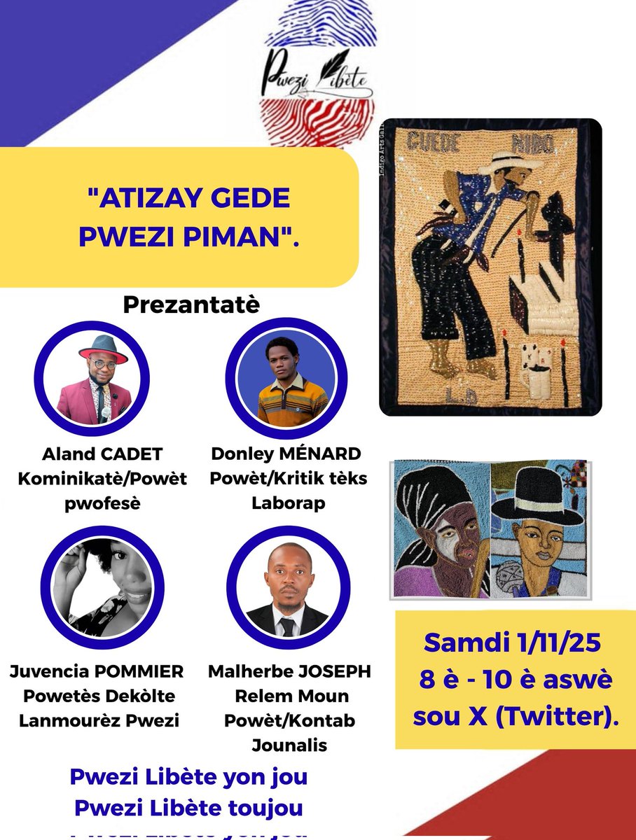 "ATIZAY GEDE PWEZI PIMAN", se sou tèm sa Pwezi Libète chwazi pou l selebre MOMAN GEDE a ann Ayiti atravè pwezi, samdi k ap 1 ye novanm 2025, 8 è nan aswè sou X, kote tout moun ap gen dwa pou di sa yo konnen sou fèt sa selon konesans yo, oubyen atravè yon tèks sou GEDE. Byenvini !