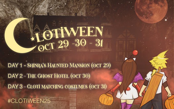 CloudTifaEvents's tweet photo. A reminder that #Clotiween25 starts today!!
Today’s prompt is Shinra’a Haunted Mansion!
This event runs until the 30th. We can’t wait to see your entries ✨
#FF7 #FF7Rebirth #FF7R #Cloti https://t.co/GrJSchDxFY