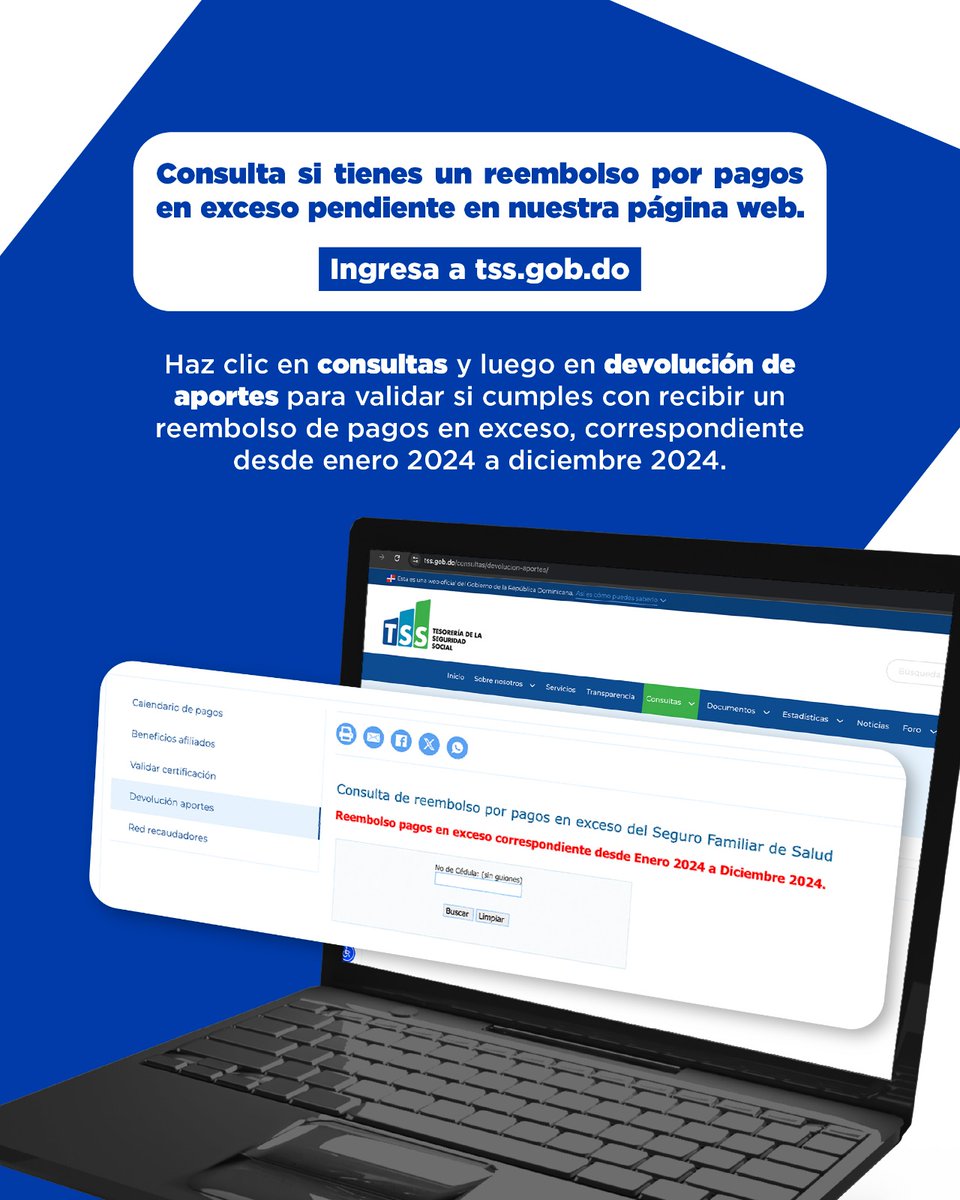 👉🏽 Si debes recibir un reembolso de pagos por exceso y el monto no fue acreditado a tu cuenta, debes solicitar una cita para recibir la devolución mediante cheque 📄. 

🔗 Programa tu cita aquí: outlook.office.com/book/CitaparaD…

#TSSDom #DevoluciónDeAportesTSS #ConsultaTSS