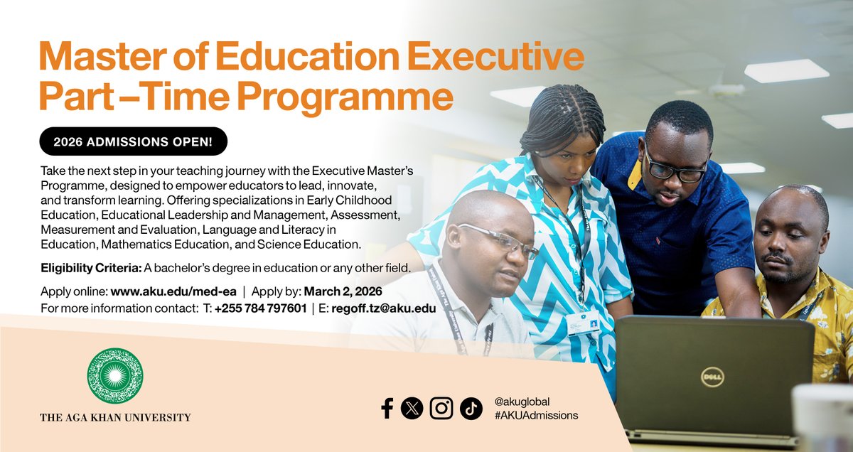 AKUGlobal's tweet photo. Our Part-Time Master of Education programme empowers educators to advance their careers while balancing work and study through a flexible 3–5 year format.

Visit https://t.co/DTzMreKQBp to apply for the programme.

#AKUAdmissions https://t.co/D0rjpKPCQ8
